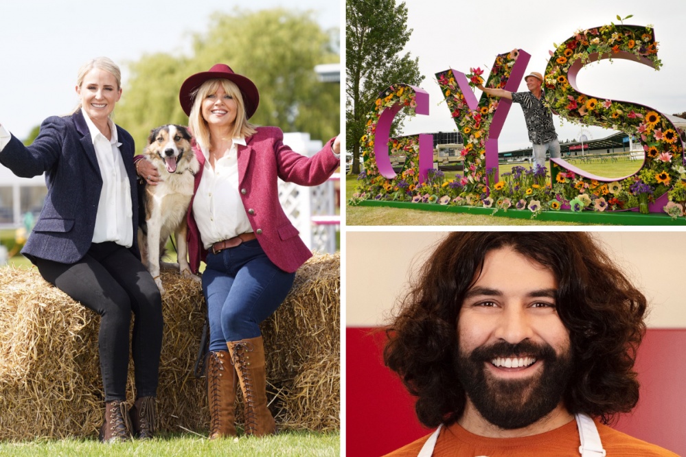 The Great Yorkshire Show pictures. Two women sit on hay bale with a dog, the Great Yorkshire Show sign and Masterchef winner Eddie