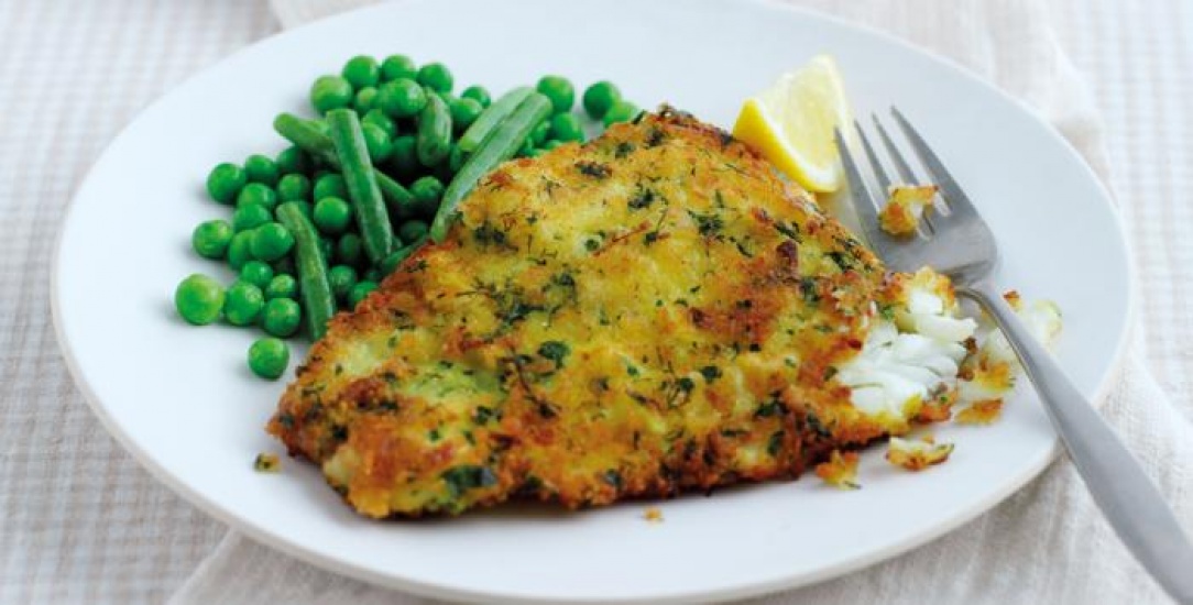Herb-crusted Haddock with peas