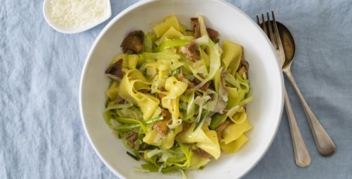 Get the Recipe for Leek, Wild Mushroom and Parmesan Pappardelle