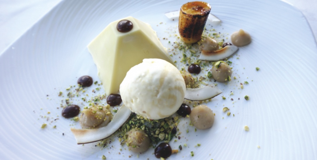 White chocolate and a ball of mousse that looks like ice cream