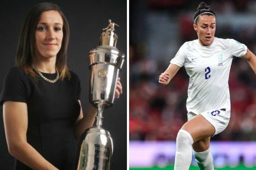 Lucy Bronze with a trophy and playing in a white kit