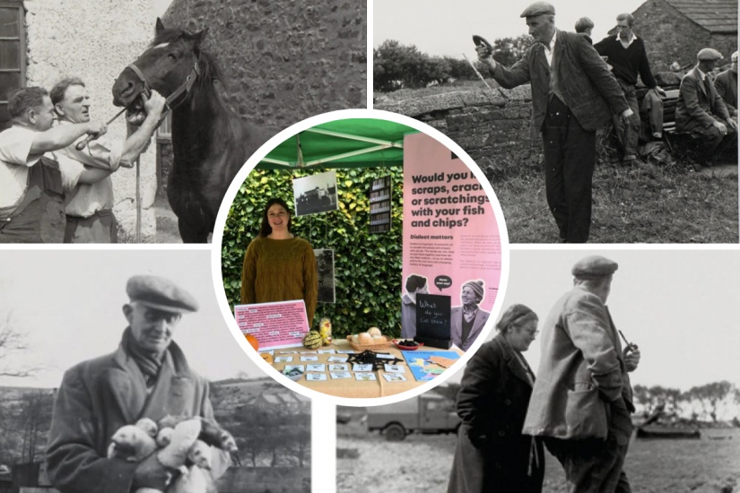 Dr Rosemary Hall at her Dialect stand in front of black and white photos from 1900s