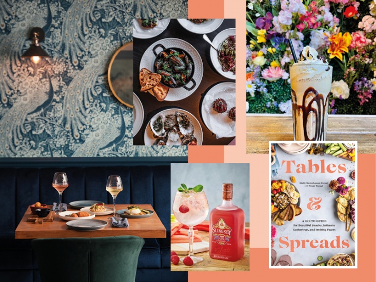 Collage of restaurant internal shot, Gin bottle and glass, Book cover, arial view of food and milkshake with cream and straw