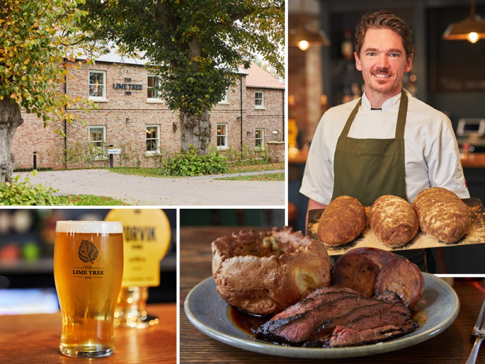 collage of images: Pub from the outside, man holding bread, a pint of beer and a roast dinner