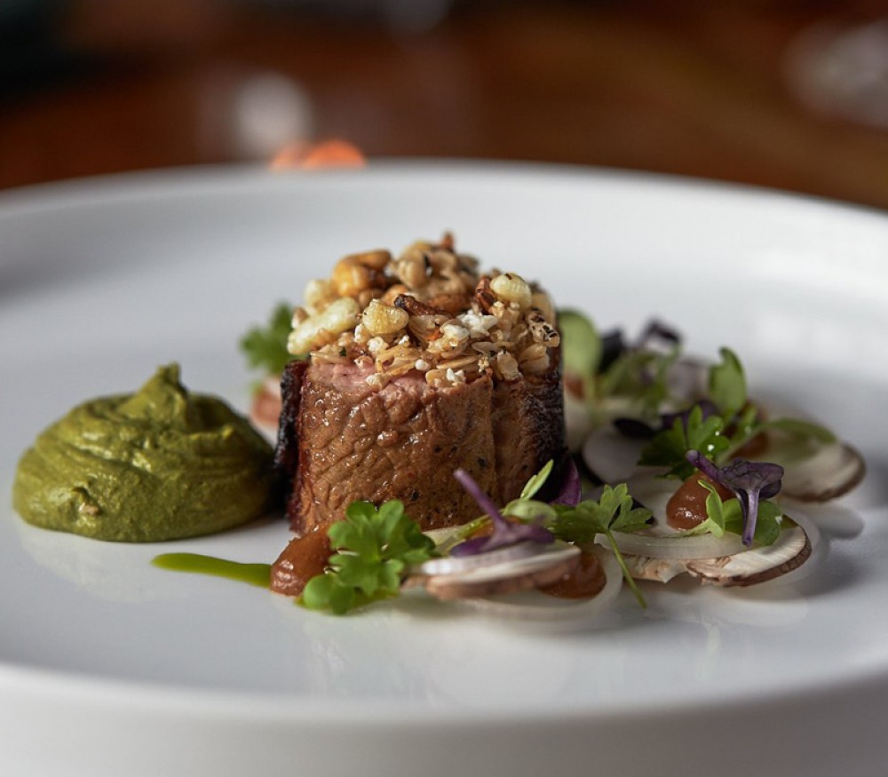 Steak with onions and green puree at Browns at the Buttercross