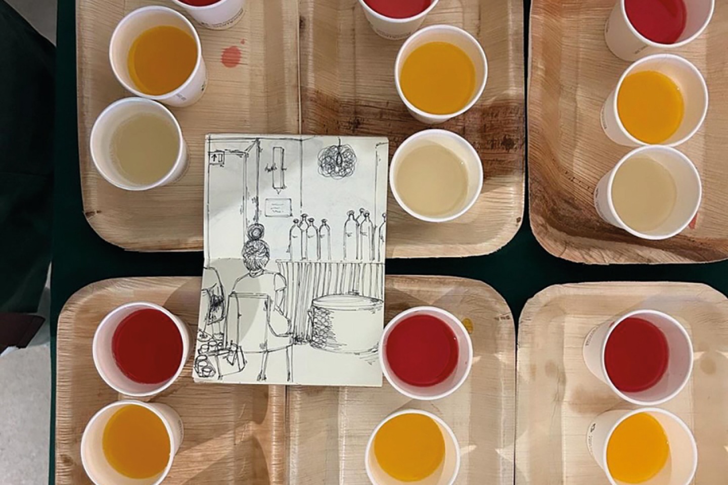 Cups of juice with a sketch lying between