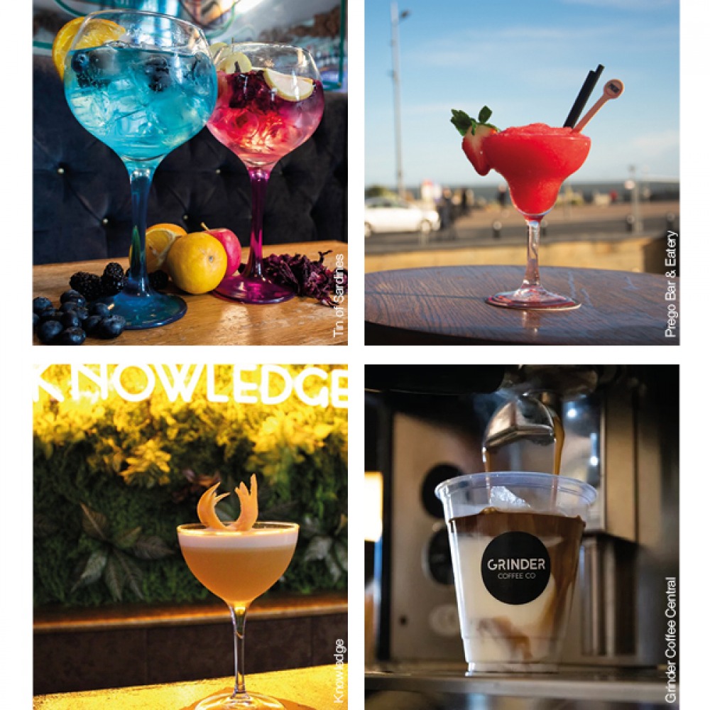 3 images of cocktails and 1 iced coffee