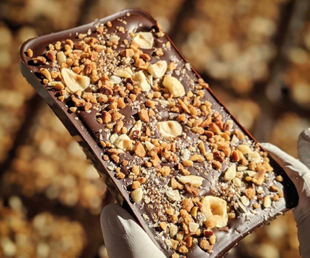 chocolate bar with nuts on top