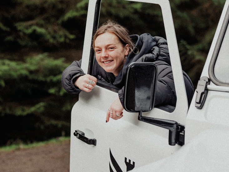 Amy in her landrover