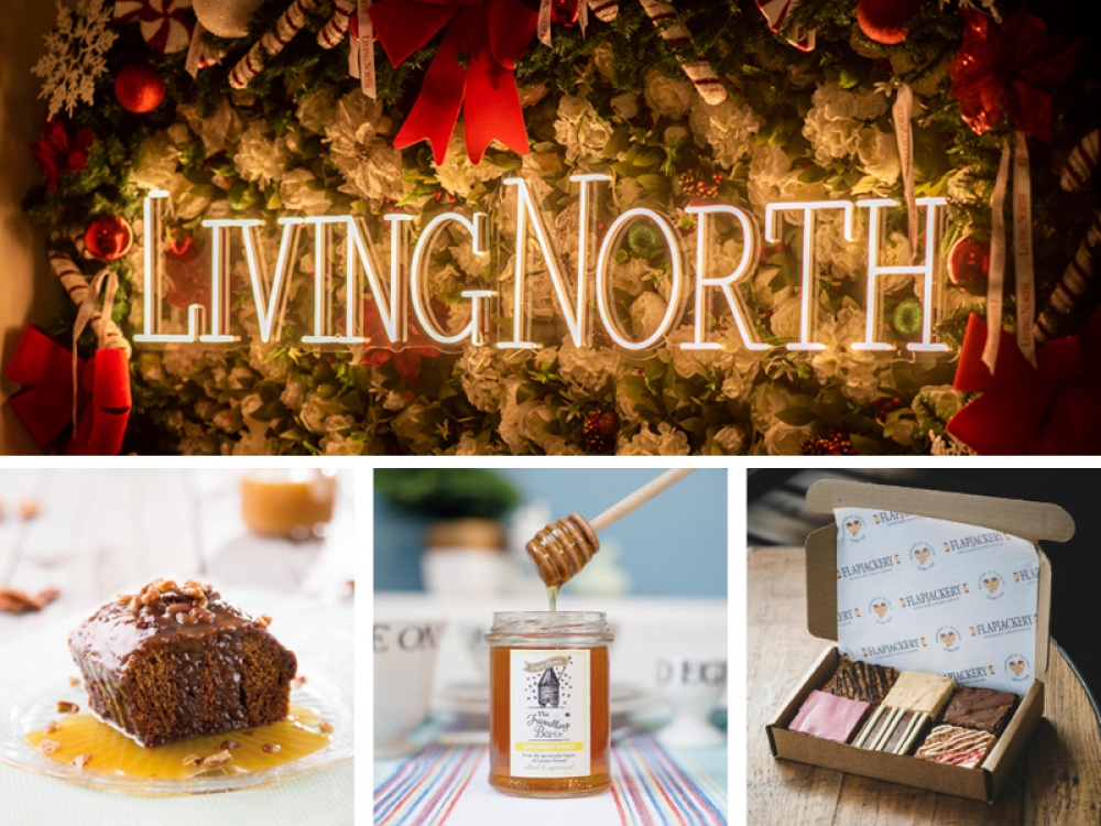 Living North Neon Sign with 3 images underneath