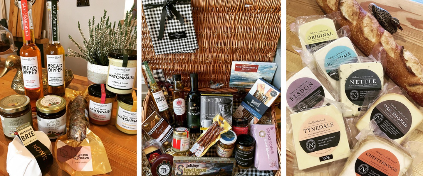 Deli produce from Notherumberland | Food Hamper in Wicker Basket | Northumberland cheeses with a baguette