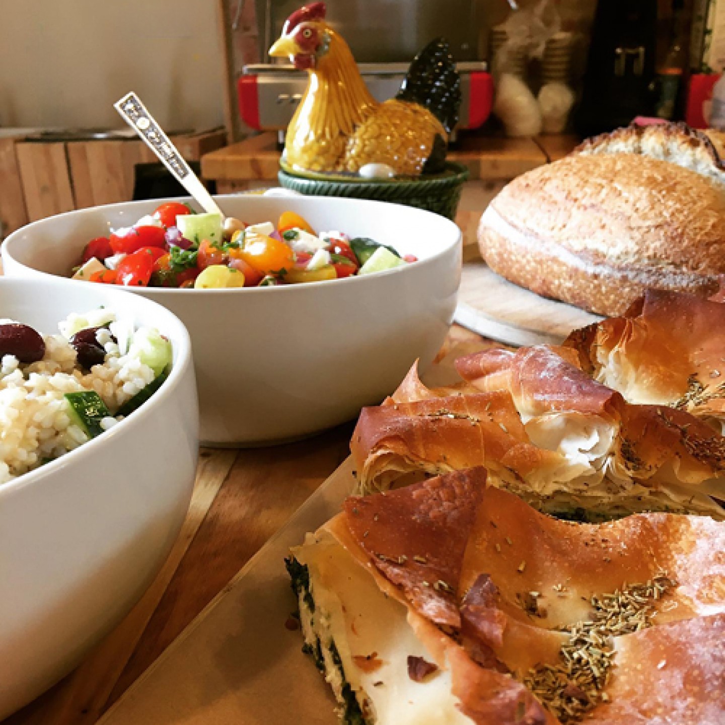 salad bowls and filo tart