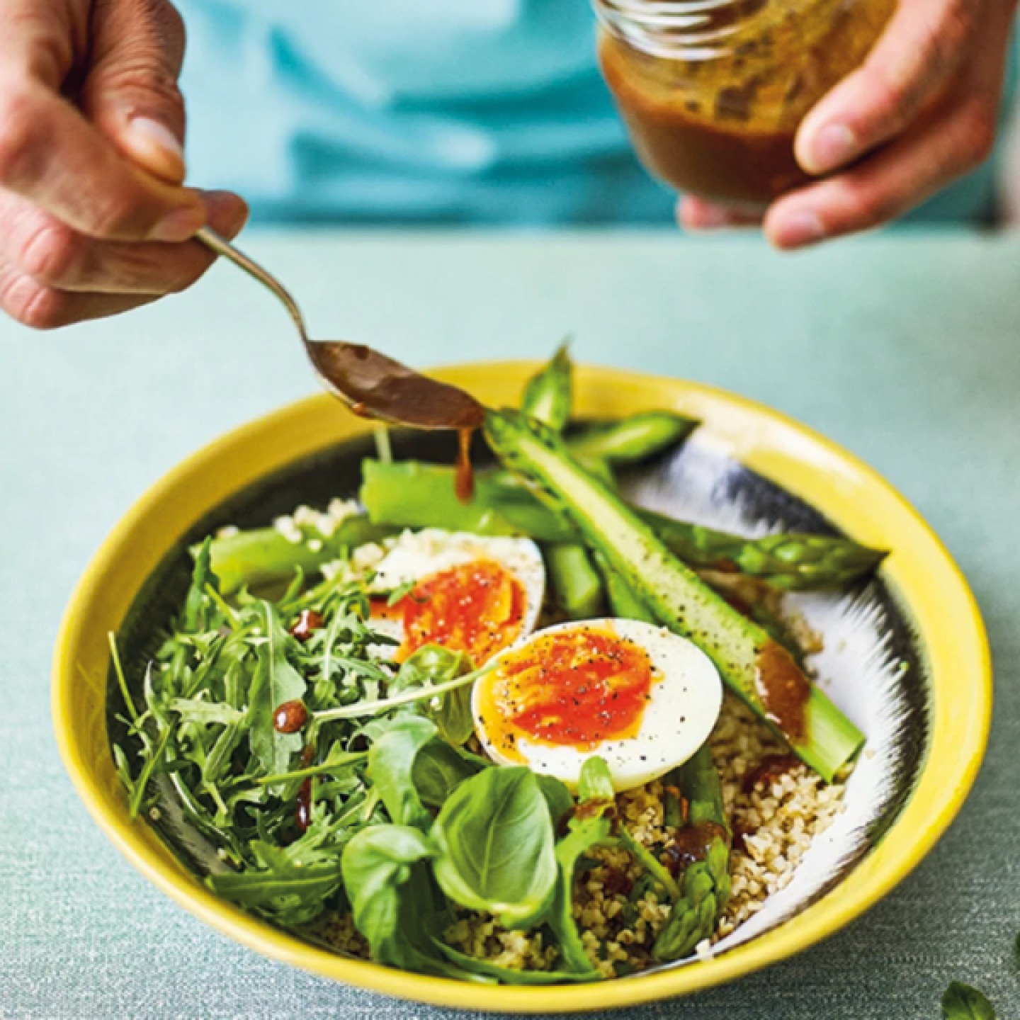 Asparagus Bulgar Wheat and Egg Salad with Miso Dressing