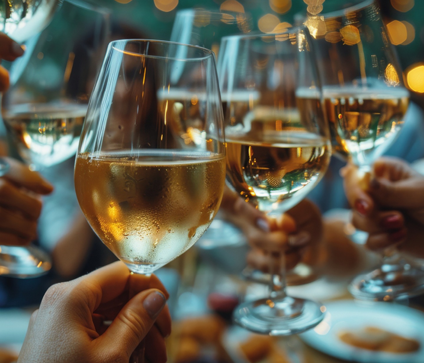 close-up of hands clinking white wine in glasses together