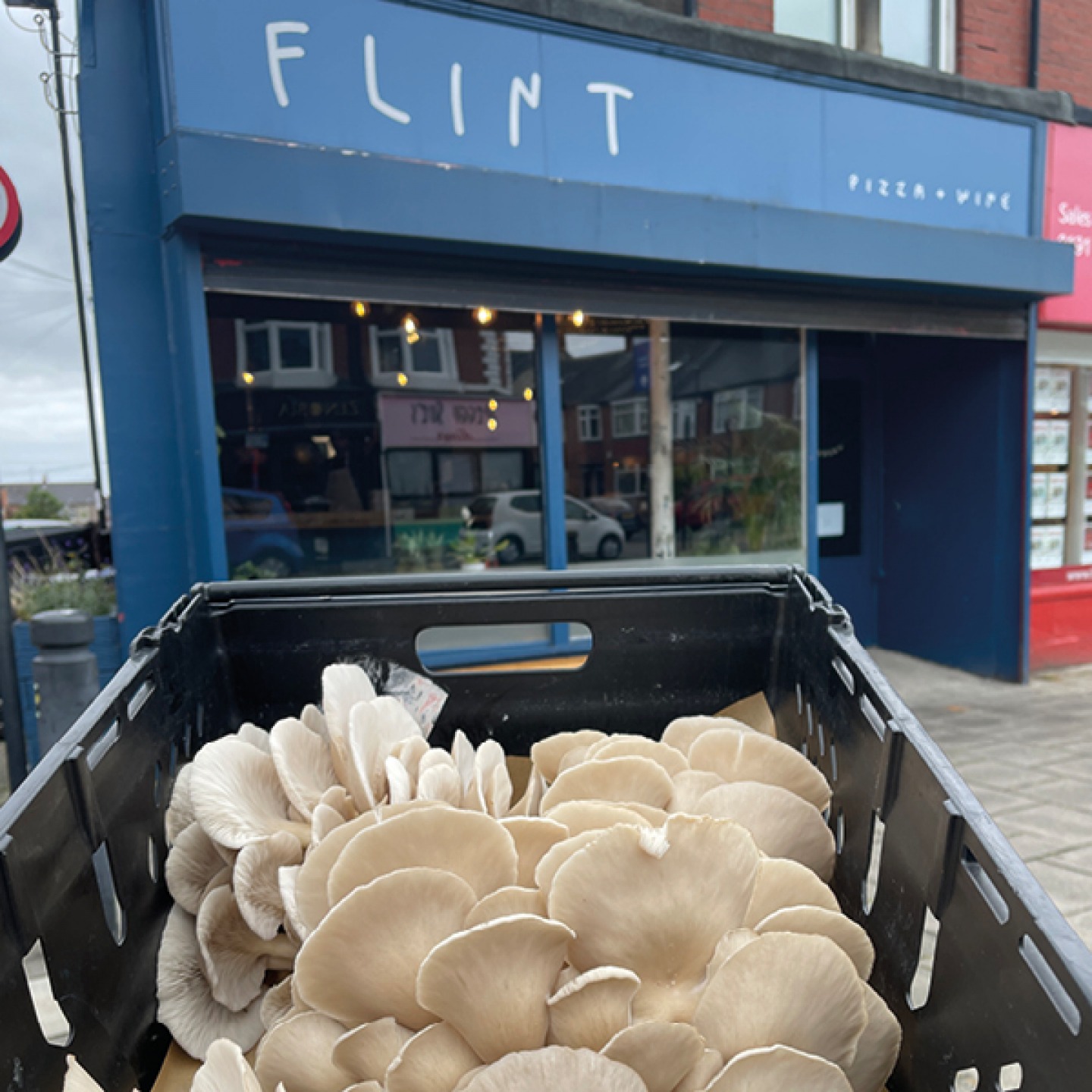 Flint shop front with a box of mushrooms