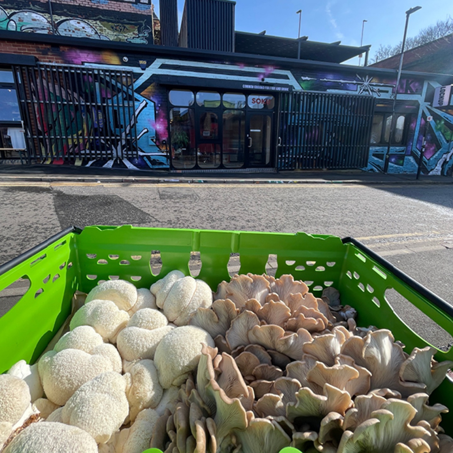 SOKU shop front with a box of mushrooms