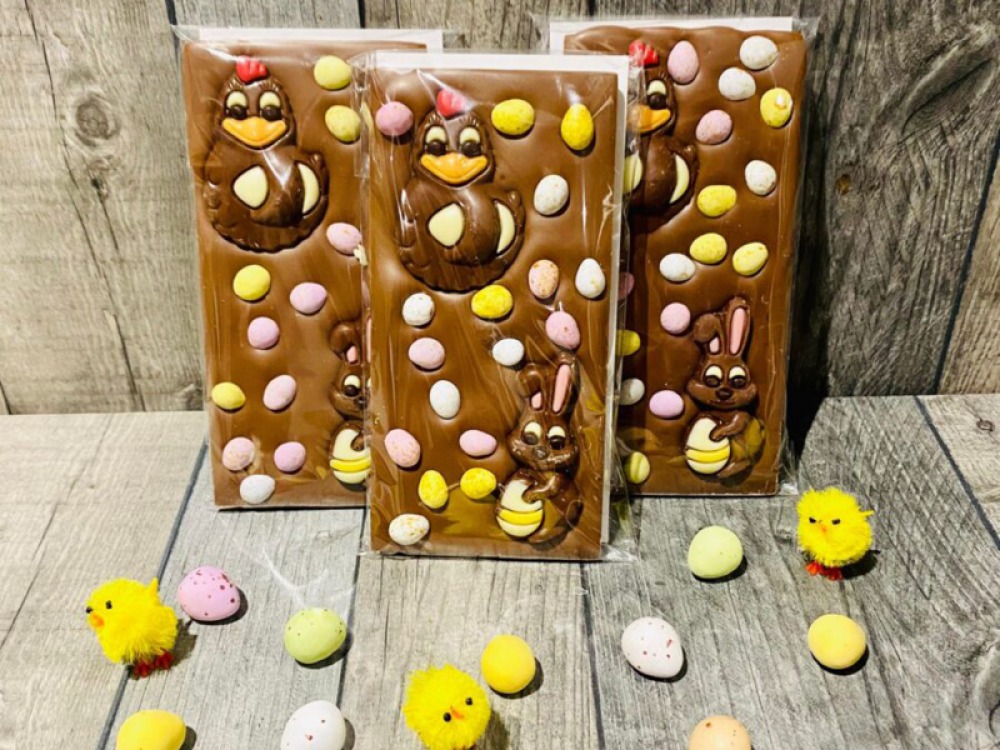chocolate bars with easter chics and mini eggs