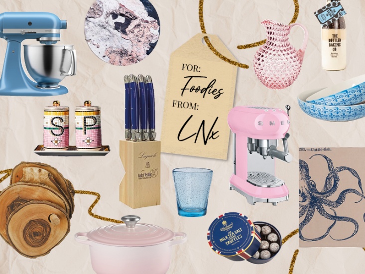 Collage of featured product with a gift tag and gold glitter