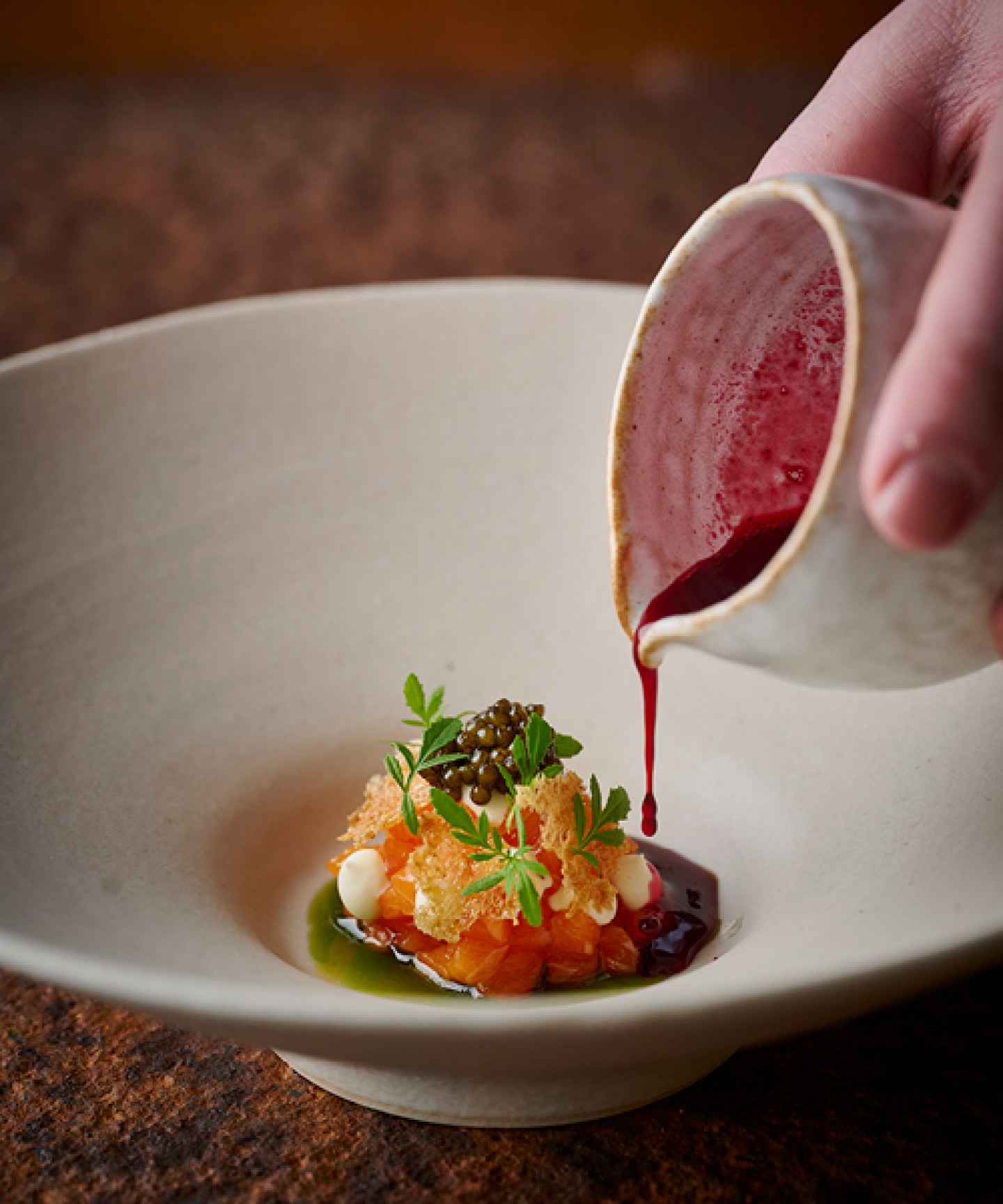 Raw Chalk Steam Trout - Preserved Blackcurrant - Toasted Quinoa and Cavair