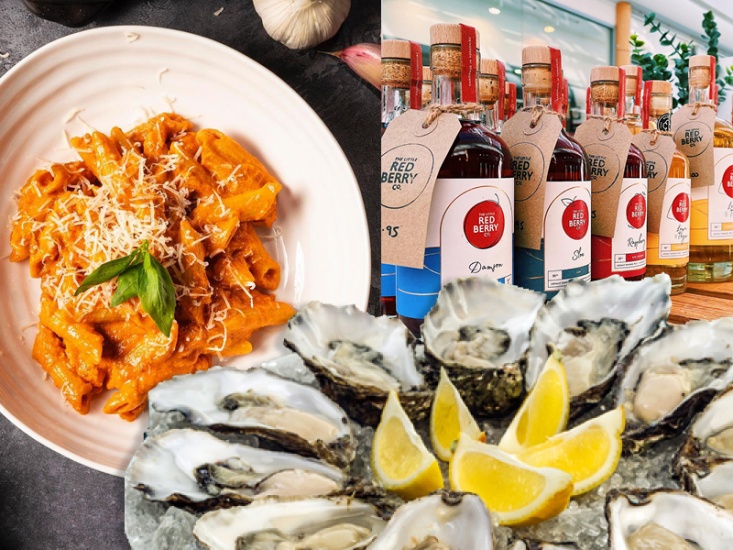 pasta, gin bottles and oysters