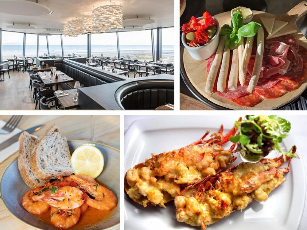 beach restaurant, eggs on a muffin, antipasti board, prawns and lobster