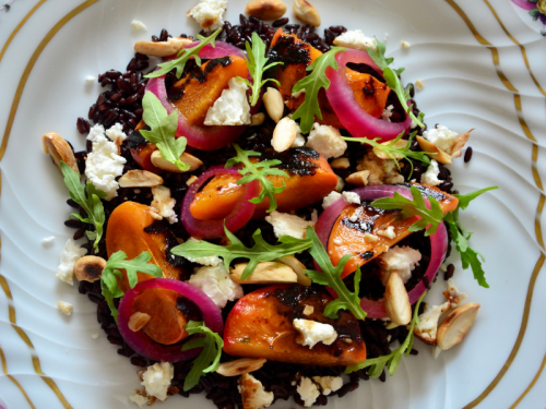 Nero Rice Salad with Balsamic Glazed Apricots, Roasted Feta and Almonds