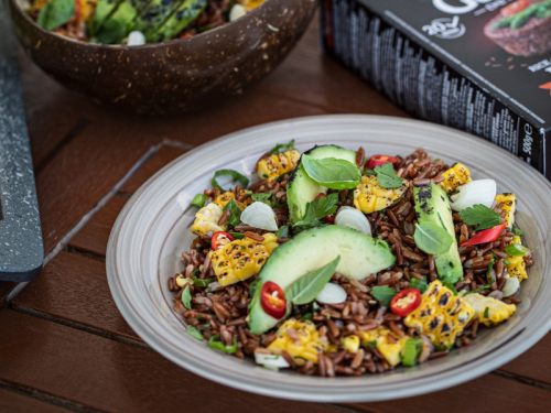 Red Wholegrain Rice Salad with Chargrilled Corn, Avocado, Chilli and Lime