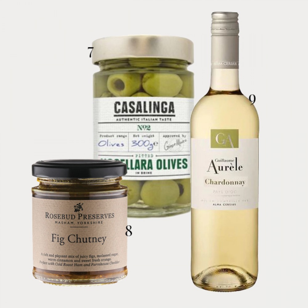 olives, chutney and white wine