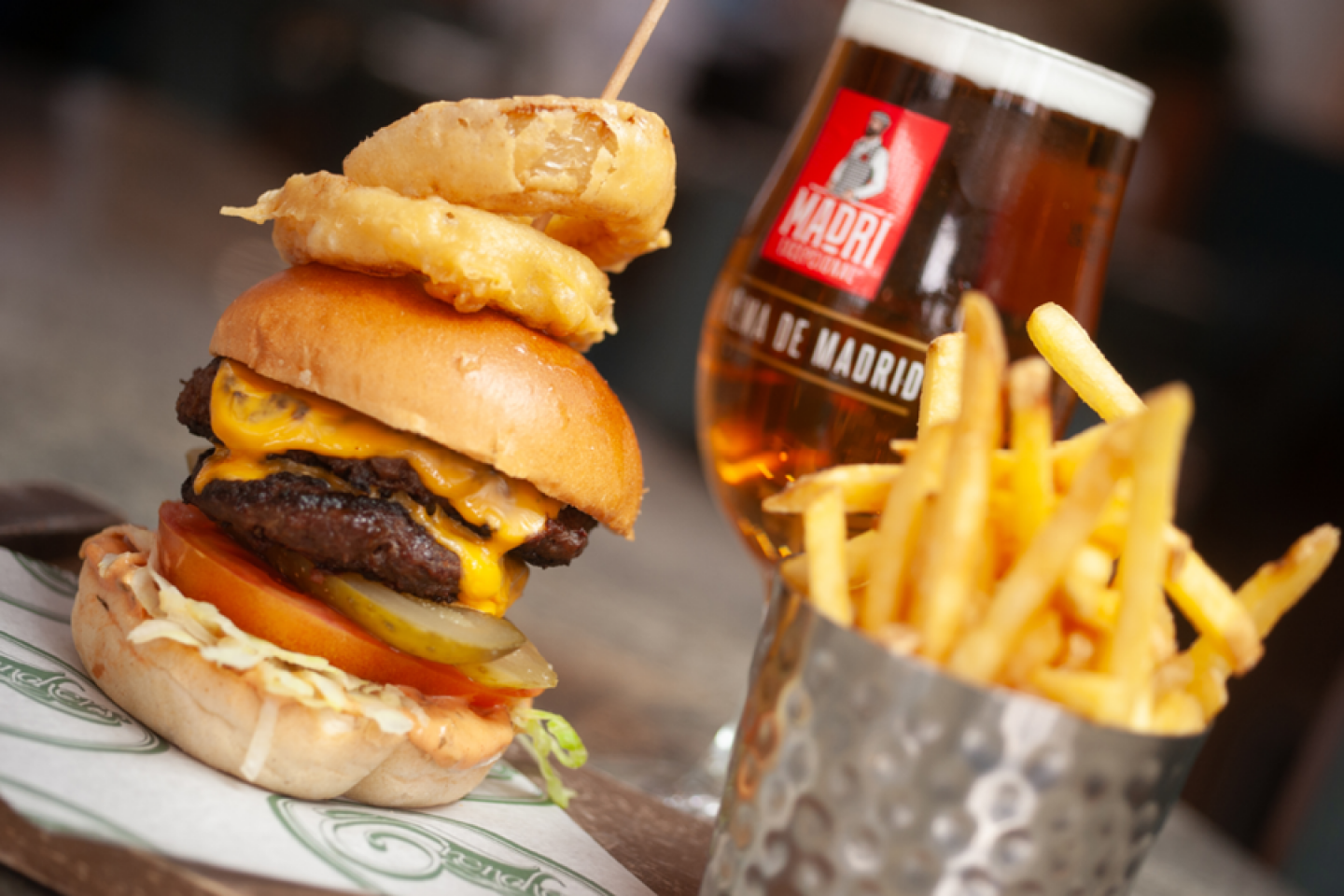 Burger Chips and a beer of larger