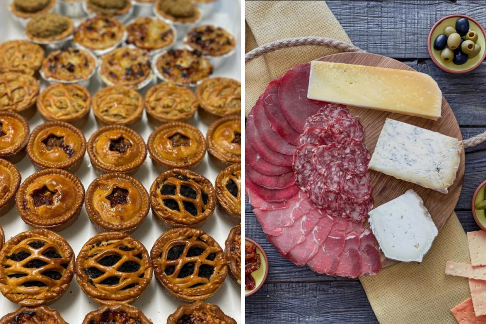 Small pies and a charcutarie board with three types of meats a cheeses