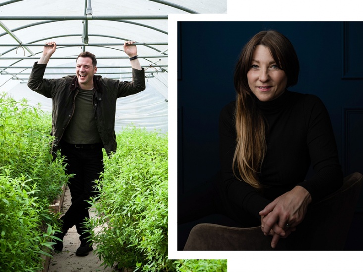 Tommy Banks in a polytunnel and Liz Cottam portrait picture