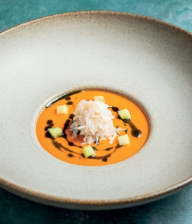Crab and Tomato Gazpacho with Diced Cucumber and Chive Oil