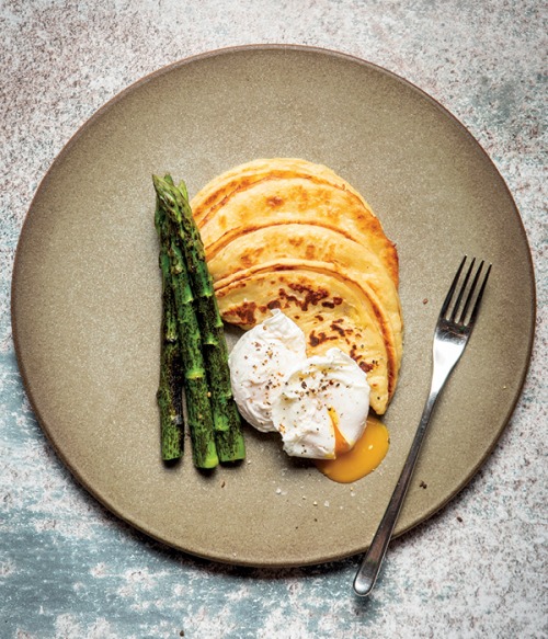 Potato Pancakes with Roasted Asparagus and Poached Eggs