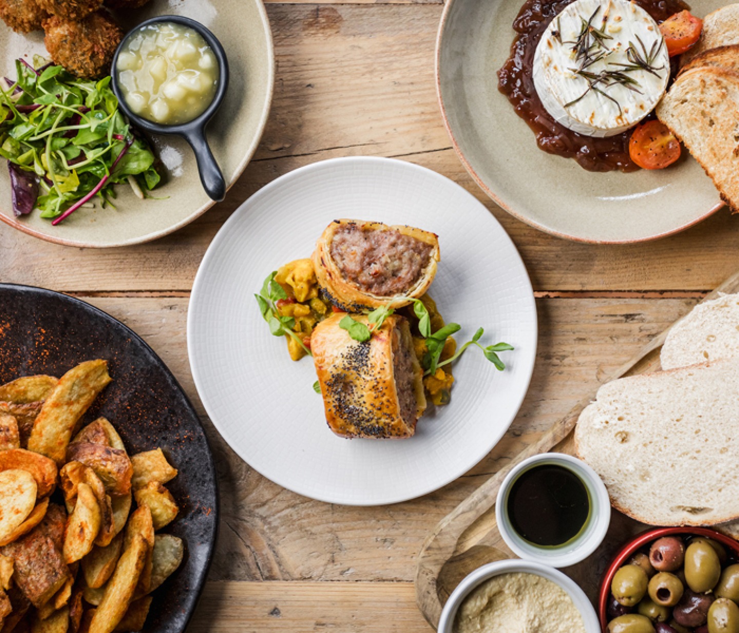 an aerial shot of different food plates