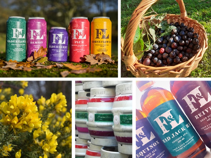 collage of beer kegs, bottles, cans and natural ingredients