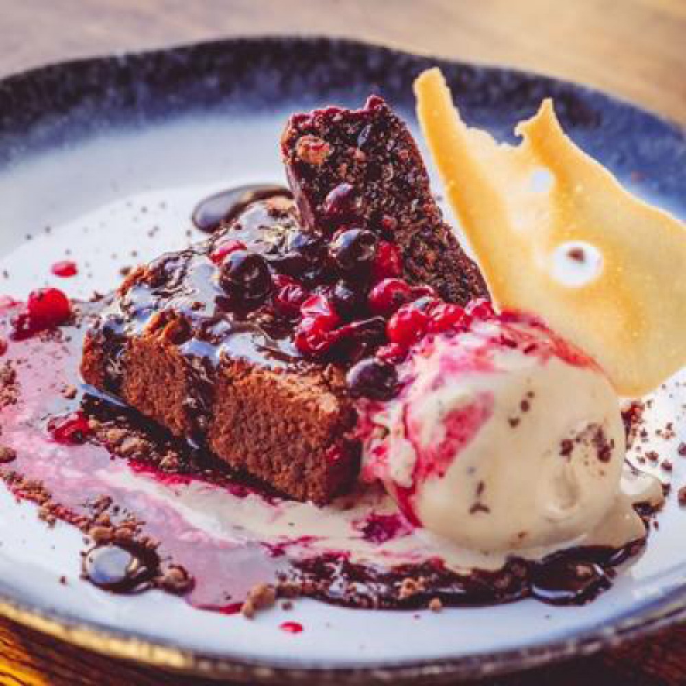 chocolate brownie with fruit and ice cream. Caboose at Blyth Boathouse