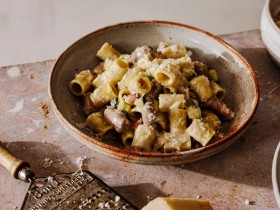 Rigatoni with Chipolatas, Courgettes and Mascarpone