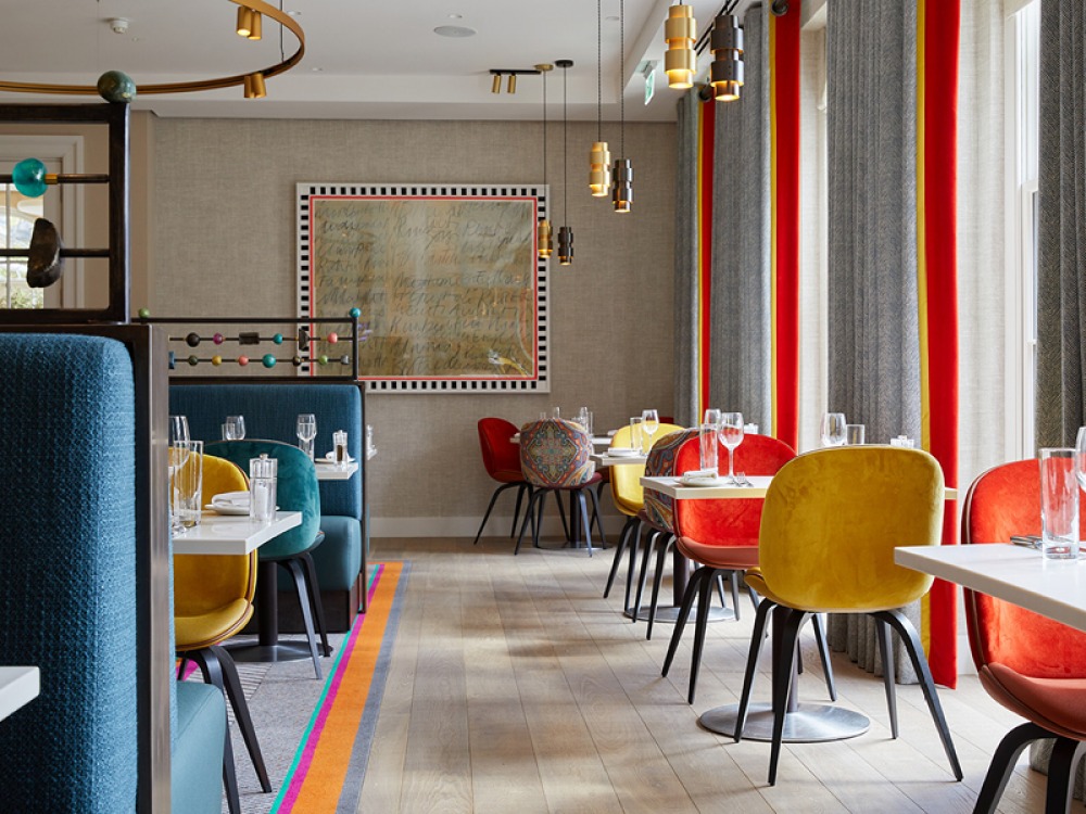 blue and red interior restaurant