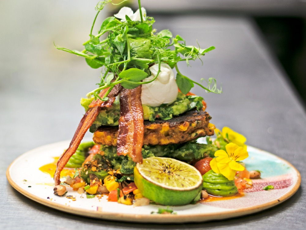 pancake stack with lime and bacon