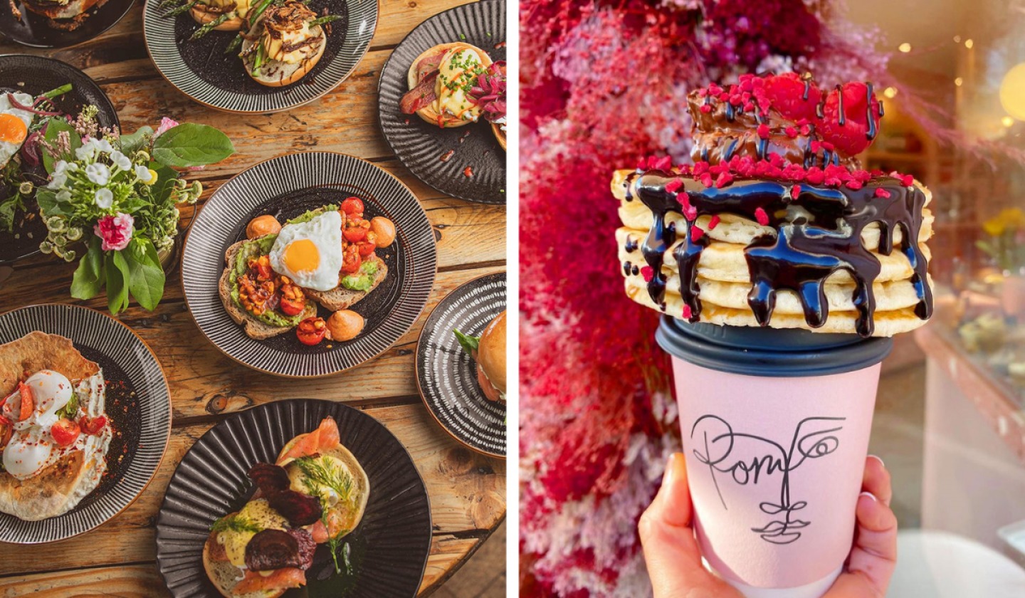 plates of food and hot choclate in takeaway cup