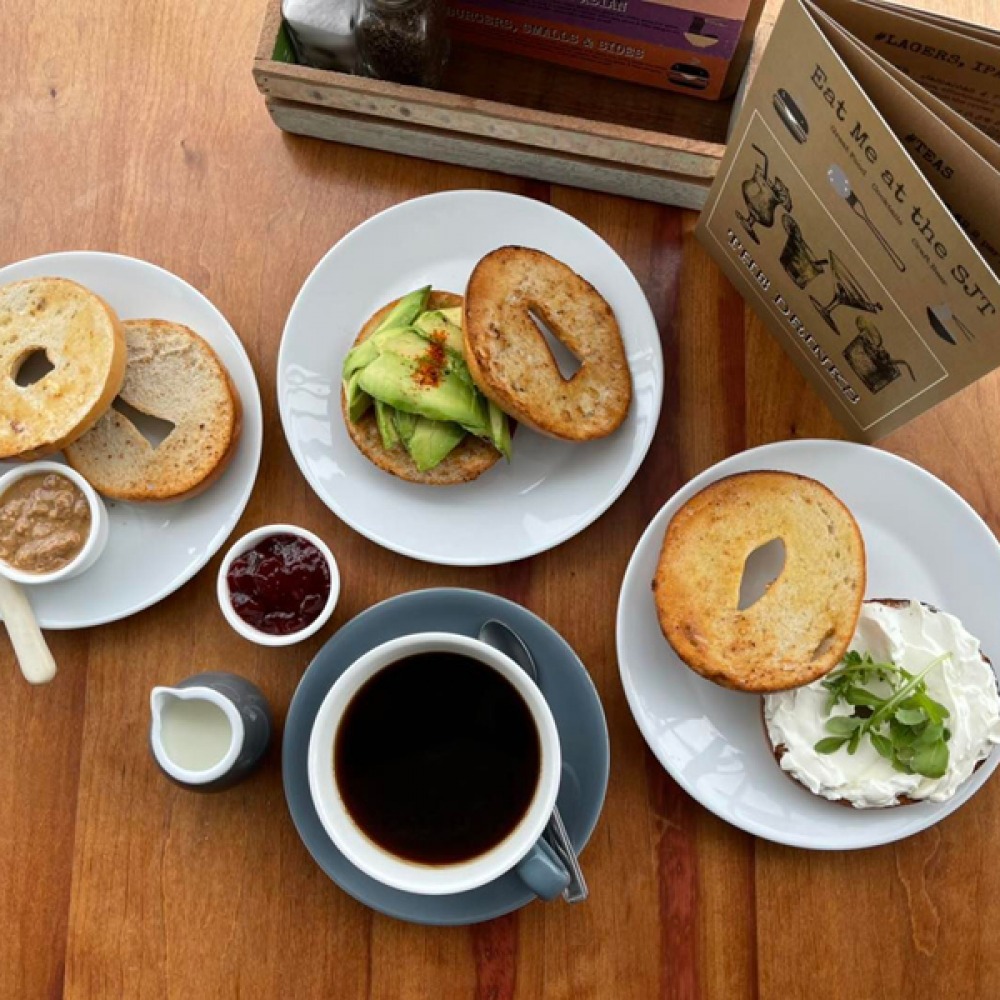 breakfast bagels with a coffee