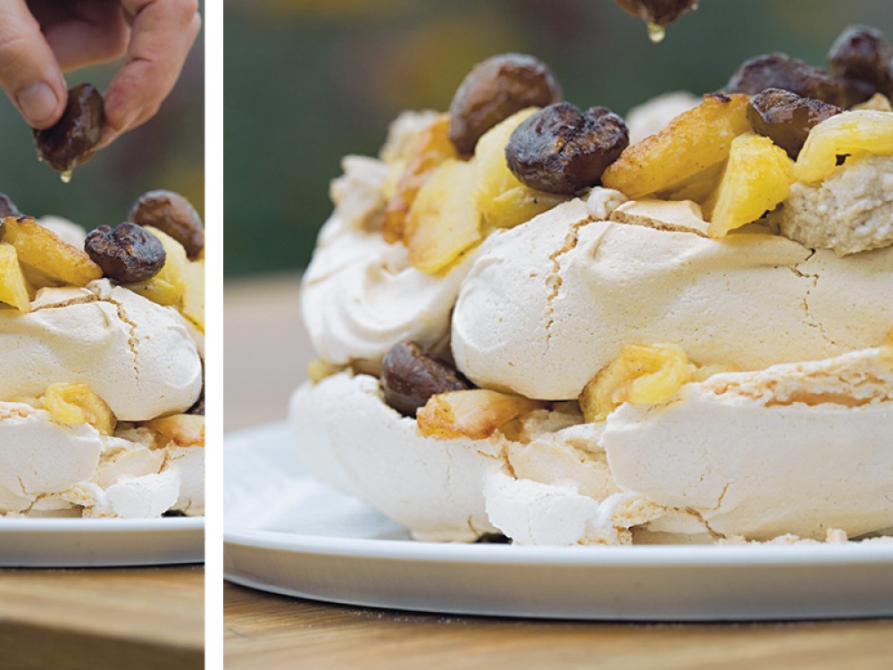 Chestnut Pavlova with Caramelised Bramleys