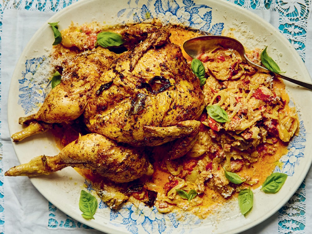 Spatchcocked Chicken, Chorizo, Tomatoes and Cream