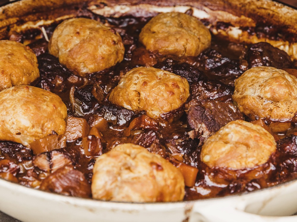 Beef and Red Wine Stew with Cheesy Paprika Dumplings