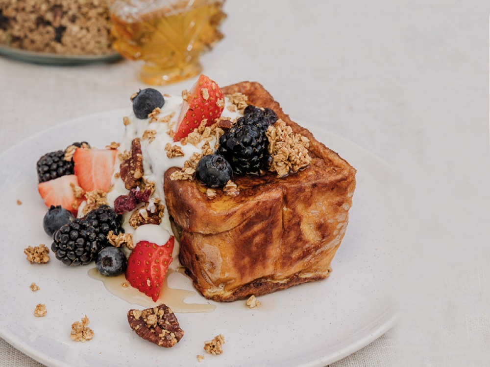 Brioche French Toast with Greek Yoghurt, Berries, Granola and Maple Syrup
