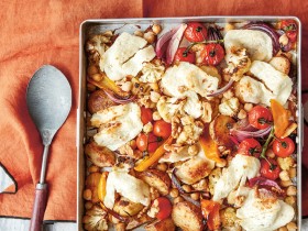 CAULIFLOWER & CHERRY TOMATO BAKE WITH GRILLED HALLOUMI