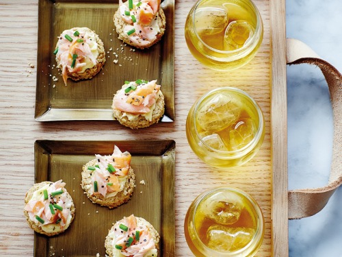 Home-made mini oatcakes with honey roast salmon flakes & ginger butter