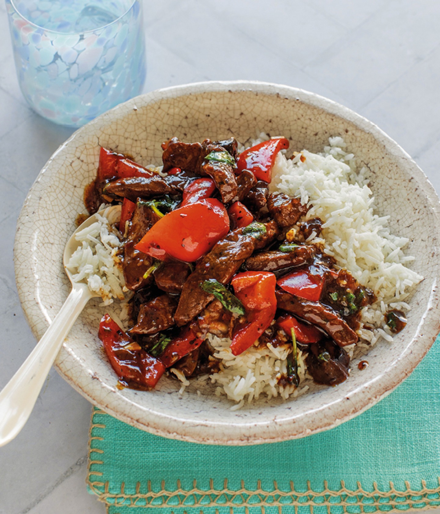 bowl of rice and beef and red pepper curry