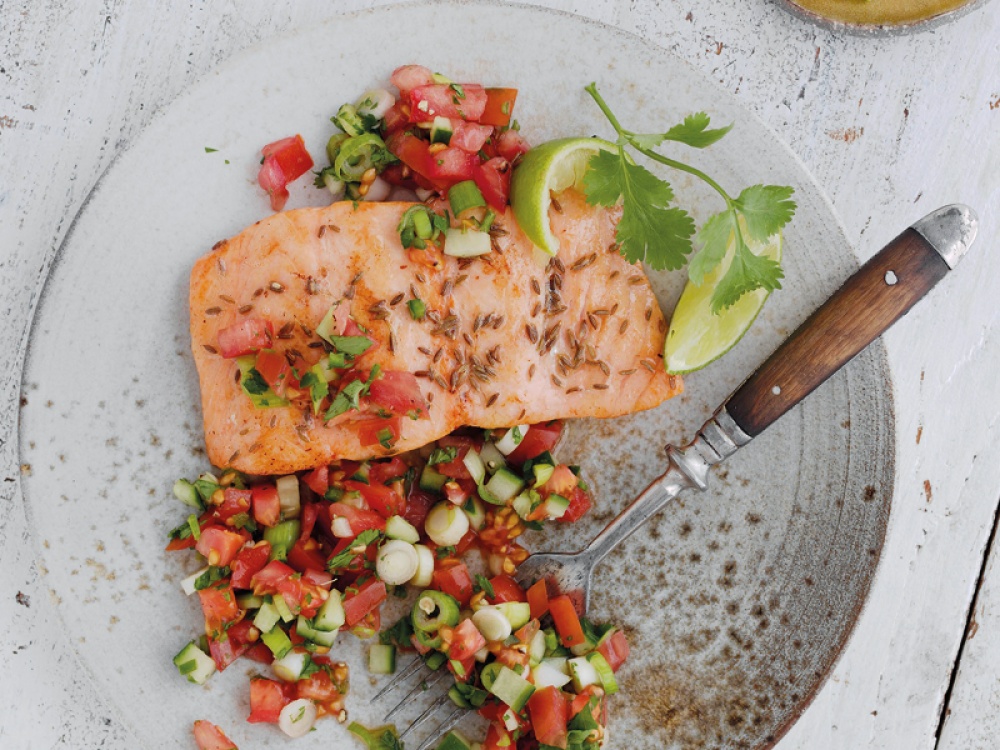 Cumin-Spiced Salmon with Tomato Kachumber