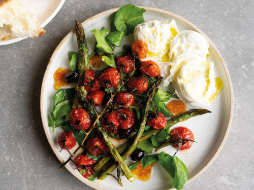 Oven Roast Tomato Salad with Asparagus, Thyme, Olives and Watercress